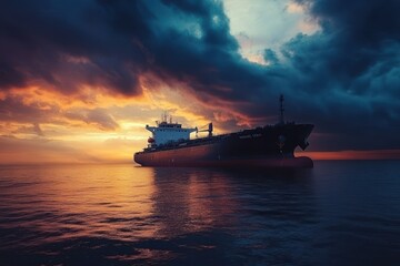 Fototapeta premium Dramatic Sunset Over Cargo Ship in Calm Waters