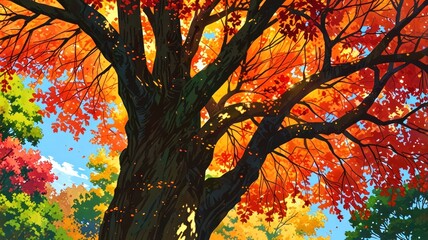 A vibrant autumn tree with orange, yellow, and red leaves against a blue sky.