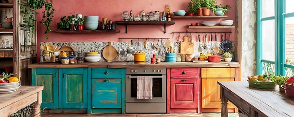 A creatively colorful kitchen with wooden furniture and eclectic decor