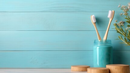 Two eco-friendly wooden toothbrushes stand in a glass jar against a turquoise wooden backdrop, promoting sustainable living and natural beauty in everyday essentials.