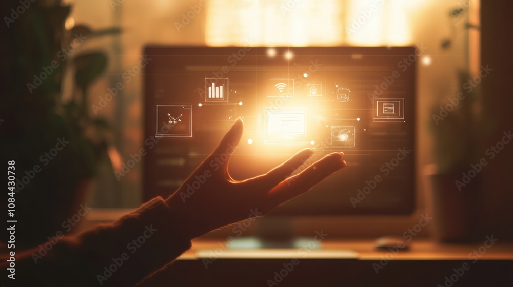 Poster a hand is extended towards a glowing computer screen filled with various settings and security icons
