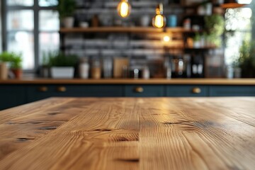 A kitchen with a wooden countertop and a view of the wall. The kitchen is well-lit and has a warm, inviting atmosphere