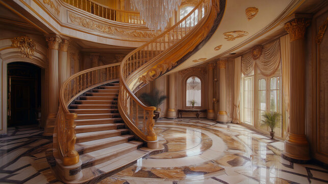 Grand staircase: Spiral staircase, ornate railings, marble floor, crystal chandelier, - Powered by Adobe
