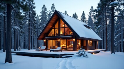 Charming wooden cabin nestled in a snowy forest at twilight surrounded by towering pines
