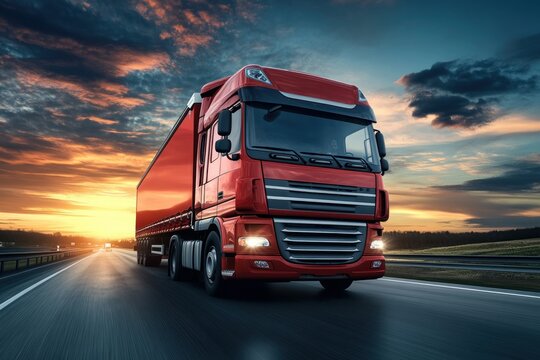 Red Truck Driving on Open Road at Sunset