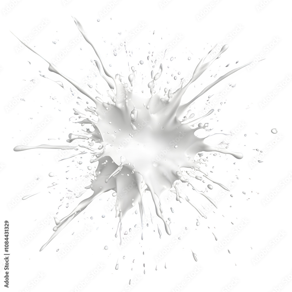 Poster Dynamic splashes and droplets of white paint splattering on a clear background