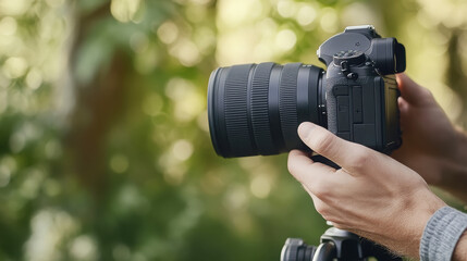 Fototapeta premium Photography setup: close-up of hands adjusting camera on tripod