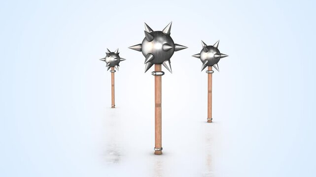 Mace Weapons on a Reflective Floor. Medieval Weapons 3D Animation. Spike Balls. 4K