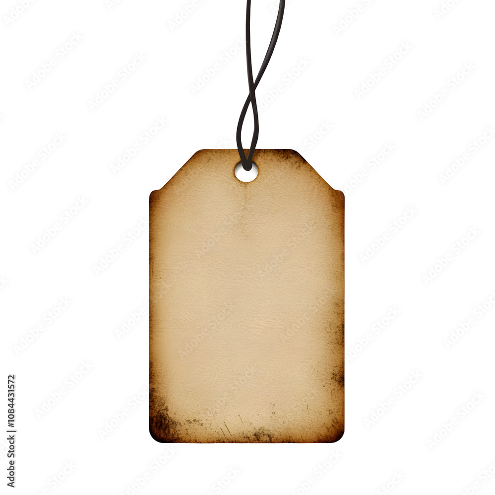 Poster grunge empty paper tag hanging with string on transparent background, ideal for sales, promotions, a