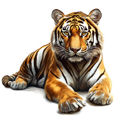 Obraz premium Majestic Bengal tiger resting calmly with striking orange fur and black stripes on a white background during the afternoon