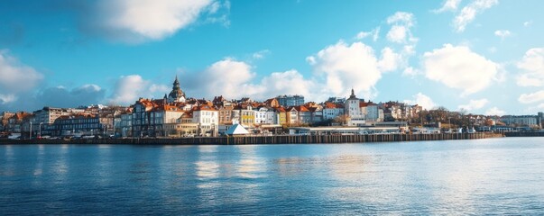 Coastal town with colorful buildings along the waterfront under a blue sky