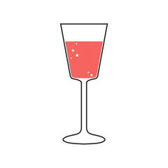 A glass of pink sparkling wine is drawn with a black outline isolated on a white background. Vector.