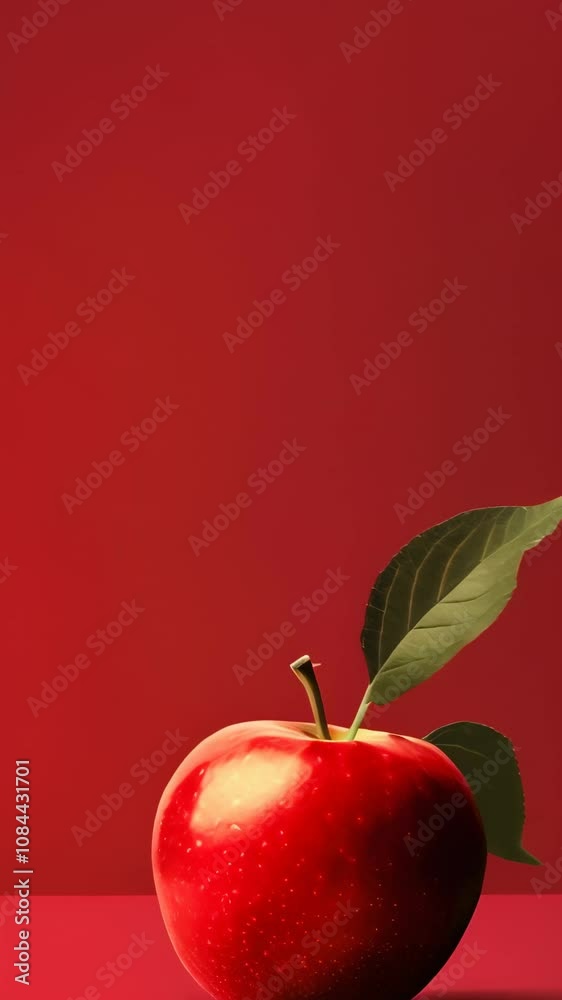 Poster Studio shot of a single, shiny red apple with leaves, sitting on a red surface against a matching red backdrop, creating a monochromatic visual