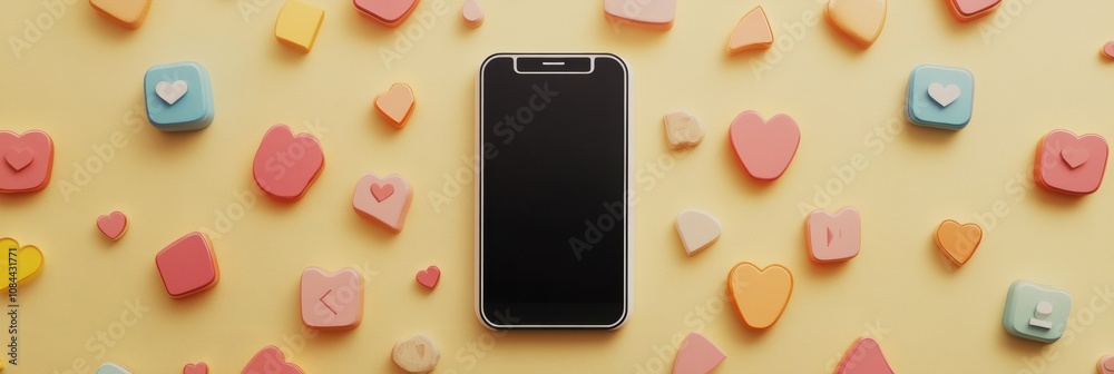 Aufkleber a smartphone sits on a yellow background with various heart-shaped icons popping up, indicating noti
