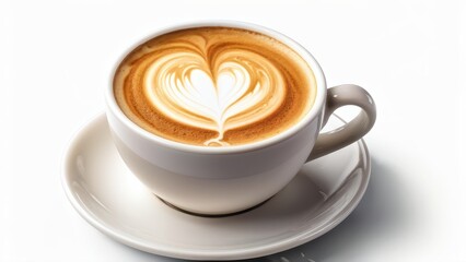 A beautifully crafted latte with heart-shaped foam art in a white cup.
