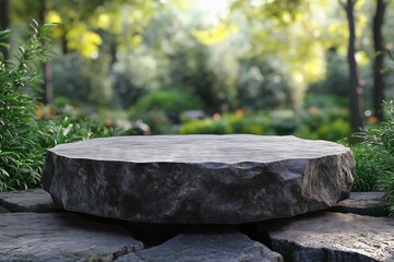 A stone slab sits in a park, surrounded by trees and bushes. The stone slab is large and has a rough texture, giving it a natural and rustic appearance. The park setting creates a peaceful