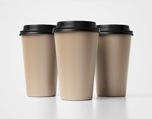 Minimalist Blank Kraft Coffee Cup for Takeaway, paper cup, Take-out coffee cup. Isolated on white background, 3d illustration, 3d rendering