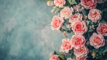 Beautiful pink roses arranged on a soft blue background creating a serene atmosphere
