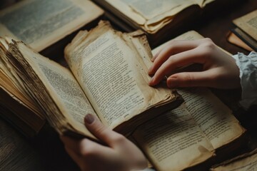 Naklejka premium Hands Turning Pages of Vintage Books