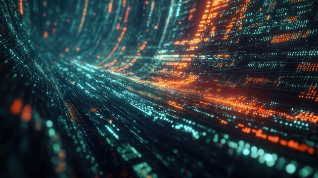 Blockchain concept. Big data binary code futuristic information technology, data flow. Transferring of big data. interconnected blocks of data depicting a cryptocurrency blockchain. 3D Rendering. - Powered by Adobe