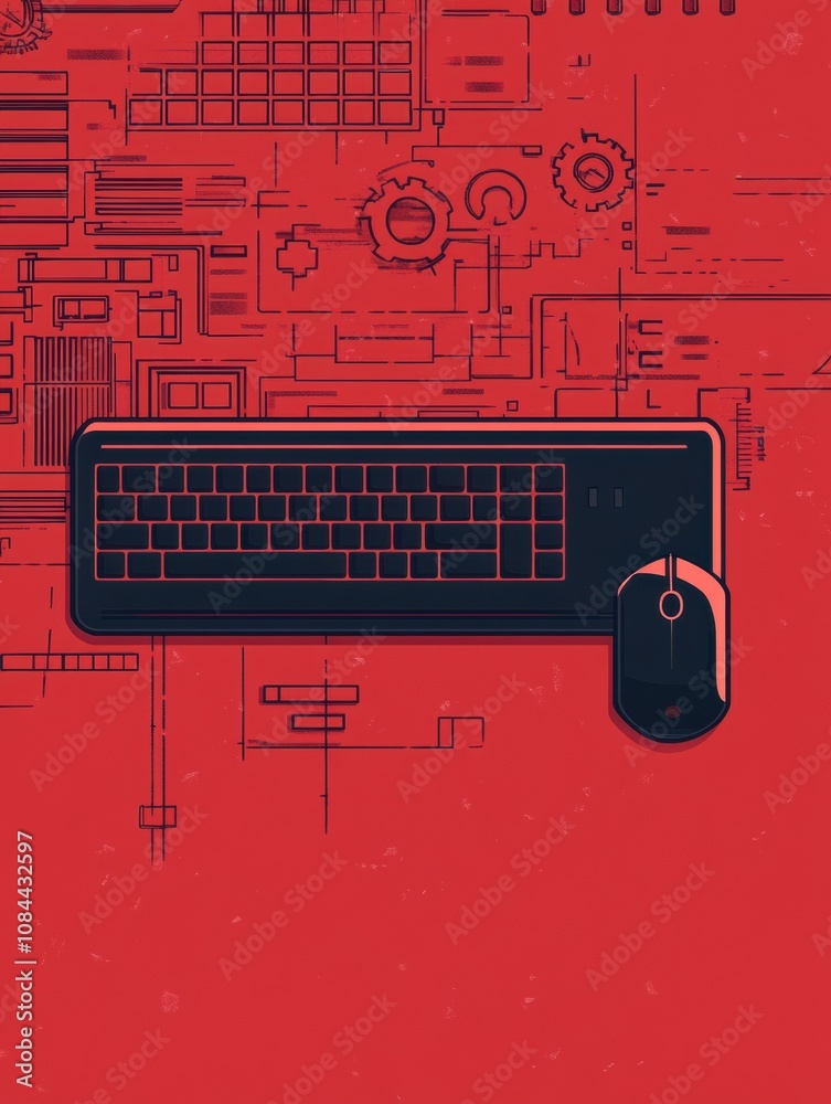 Fototapete a keyboard with a mouse and gear overlay is presented on a bright red backdrop, showcasing themes of
