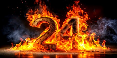 Conceptual Photography of the Fiery Burning Number 24 in an Abstract Style, Symbolizing Time, Change, and Transformation with Dramatic Colors and Textures
