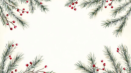 Pine branches with red berries arranged in a corner border design on a cream background