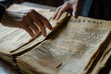Naklejka premium Antique Manuscript with Historical Text on Display