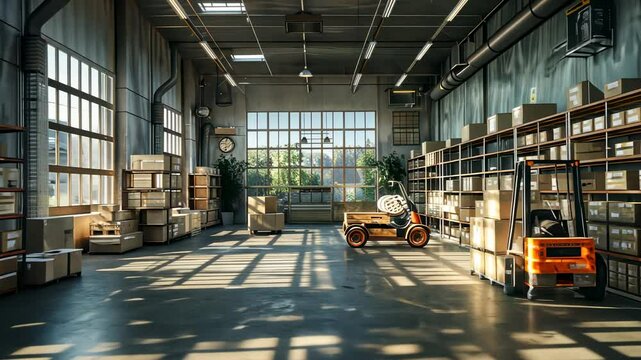 A spacious warehouse with shelves, boxes, and a forklift, illuminated by sunlight.