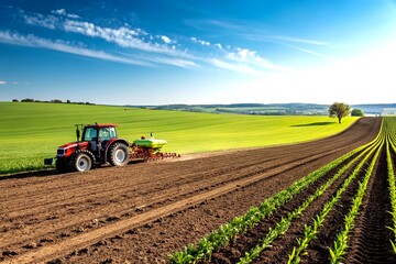 Corn Sowing Tractor in a Vast Agricultural Field with Open Space for Text, Ideal for Farming and Agriculture Themes, Capturing the Essence of Modern Crop Planting Practices