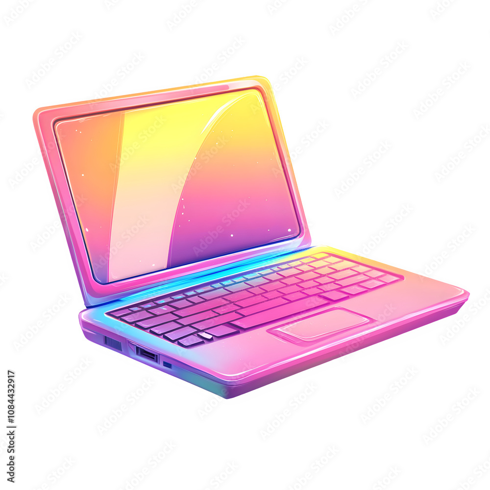 Poster pink iridescent laptop with colorful screen and keyboard isolated on transparent background, perfect
