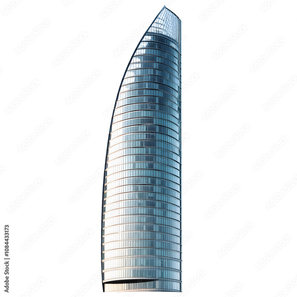 Poster modern skyscraper with curved glass facade isolated on transparent background, showcasing innovative