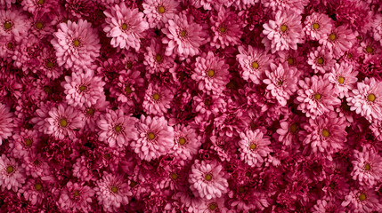 Beautiful pink daisies in full bloom covering a garden bed in springtime