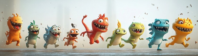 Fototapeta premium Playful colorful monsters running in a bright studio digital artwork fantasy environment dynamic perspective