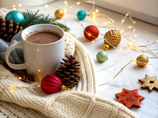 Cozy Christmas Atmosphere with a Steaming Mug of Hot Chocolate on a Knitted Sweater Surrounded by Festive Decorations for a Warm Holiday Vibe