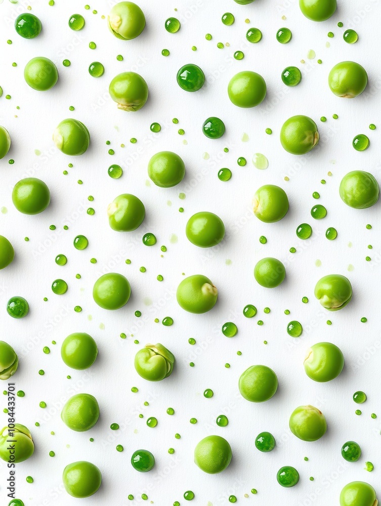 Poster vibrant green peas and droplets of juice are artistically arranged against a clean, white background