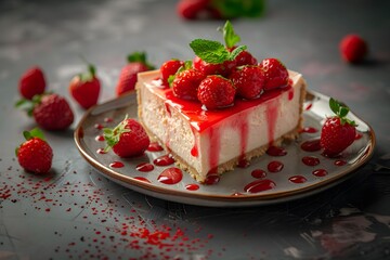 Slice of raspberry cheesecake topped with fresh raspberries and syrup on a plate with scattered berries on a dark background. Gourmet dessert and food photography concept.