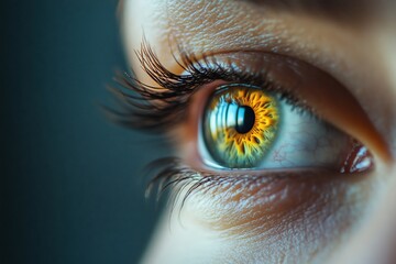 A woman's eye is captured in a close up, with the iris being a vibrant shade of green. The eye is surrounded by a dark blue background, which creates a striking contrast between the two colors