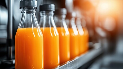 A row of bottled orange juice lined up with focus on the first bottle, emphasizing freshness and vitality through vibrant colors and a sleek appeal.