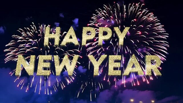 Happy New Year Fireworks with Golden Happy New Year Text in the Sky
