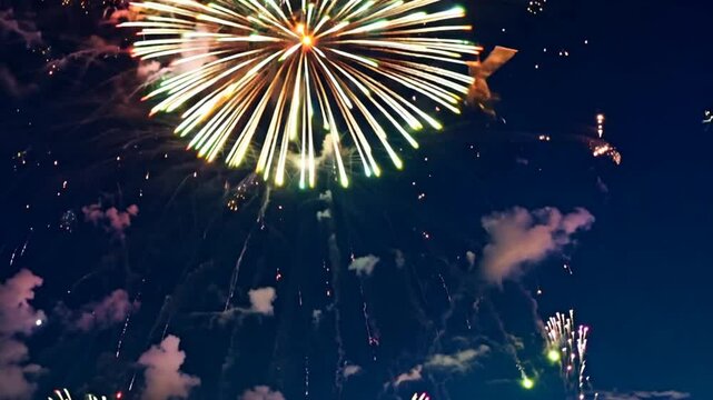 Happy New Year Fireworks with Golden Happy New Year Text in the Sky