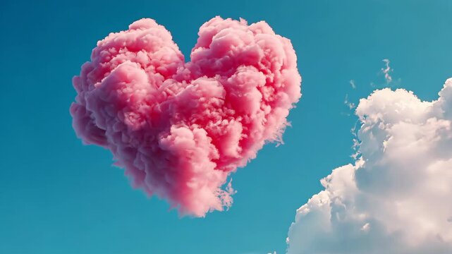 A heart-shaped pink cloud in the sky against a blue background.