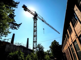 Crane Top Beam Against a Clear Blue Sky: A Stunning Construction Image Capturing the Essence of Urban Development and Engineering Excellence in a Beautiful Outdoor Setting