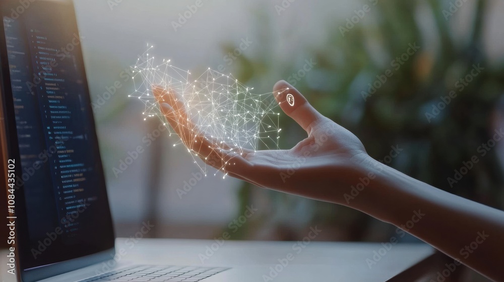 Fototapete A hand extends towards a laptop screen showcasing various security icons and settings, symbolizing an active engagement with technology. Generative AI
