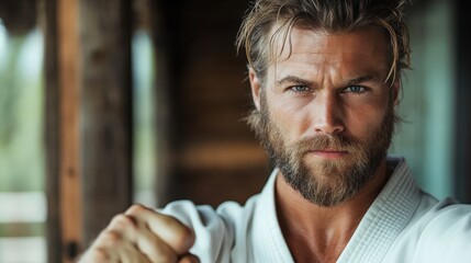 A martial artist in a white gi stands poised for action, expressing fierce determination and intensity. His strong presence commands attention and respect.