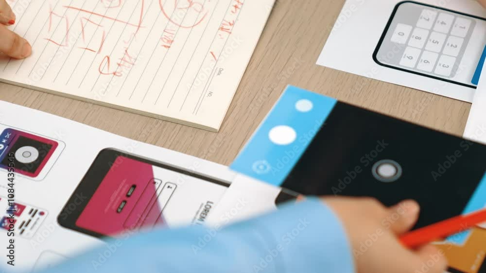 Poster panorama video of startup ux developer or company employee design user interface or ui prototype for