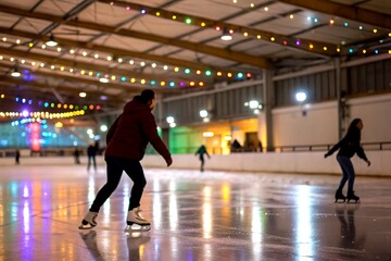 Obraz premium Defocused Indoor Ice Skating Park with Skaters in Motion, Capturing the Joy and Energy of a Winter Wonderland Experience