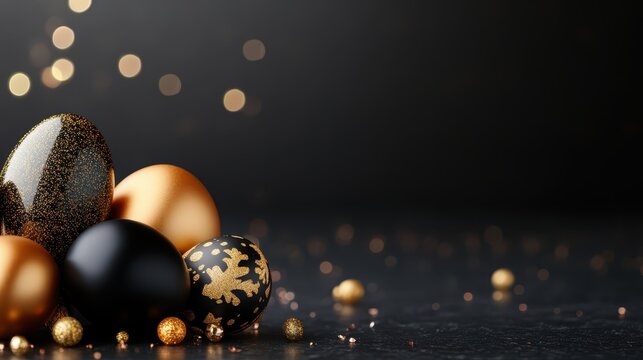 A collection of elegant gold and black ornaments against a dark background, adorned with sparkling bokeh lights, creating a festive atmosphere of opulence.