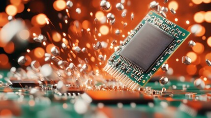 A detailed microchip seemingly bursts with vitality and innovation, depicted amidst a flurry of metallic particles and vibrant orange colors, symbolizing tech advancement.