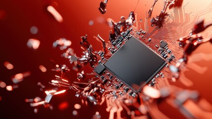 An intricate circuit board appears to explode with energy, depicted in dynamic red hues, conveying a sense of technological power and innovation.